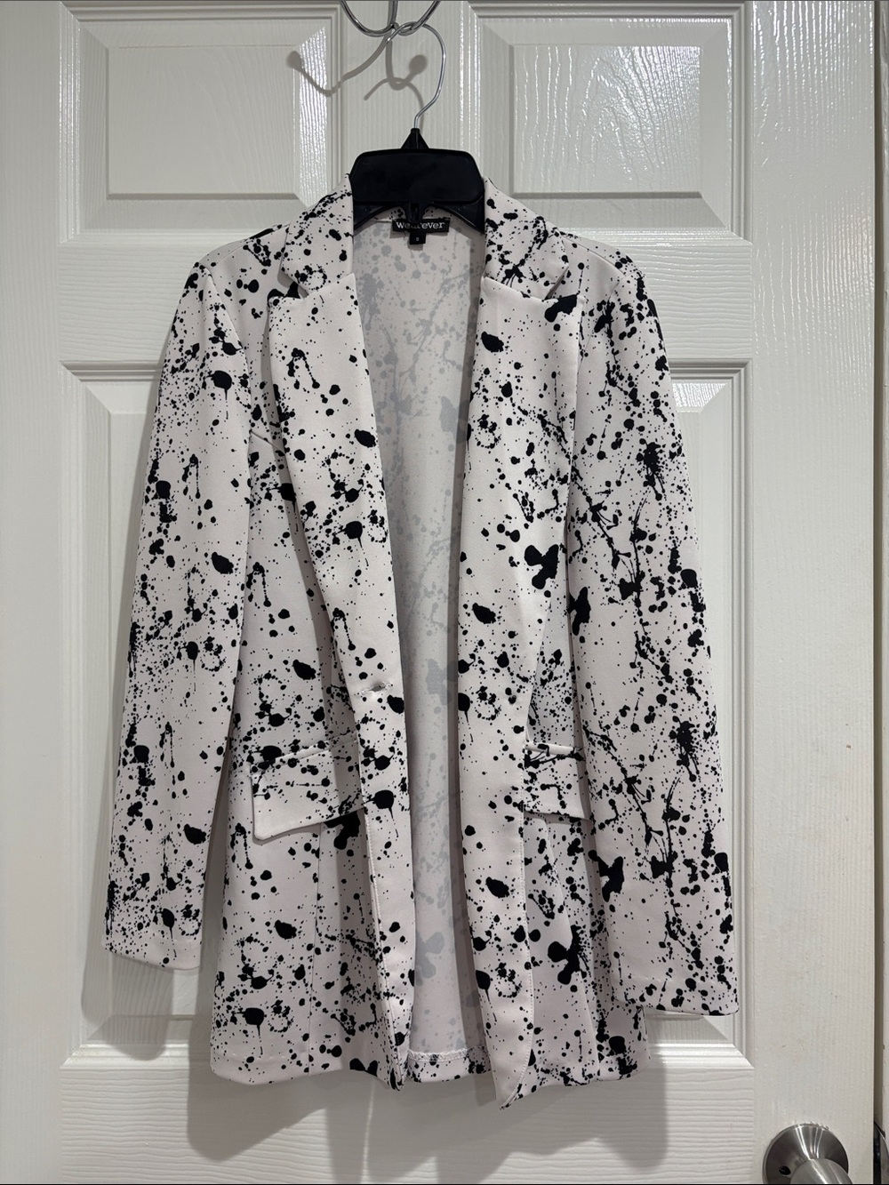 Women's White Blazer with Black Paint-Splash Print
